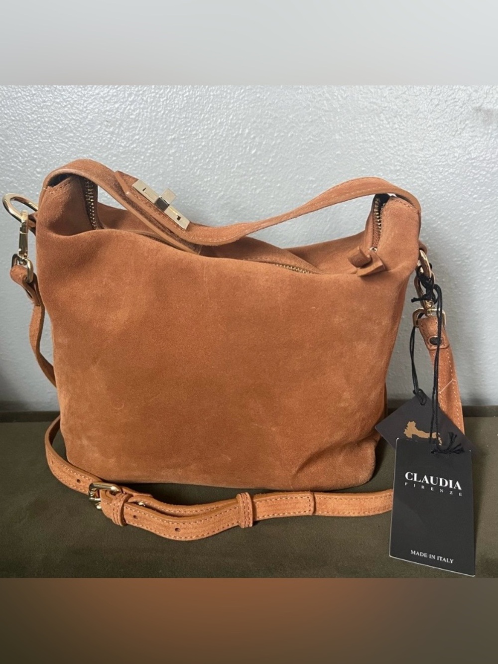 Claudia Firenze Genuine Suede Hobo Hand Bag/Crossbody Cognac Camel Italian NWT
